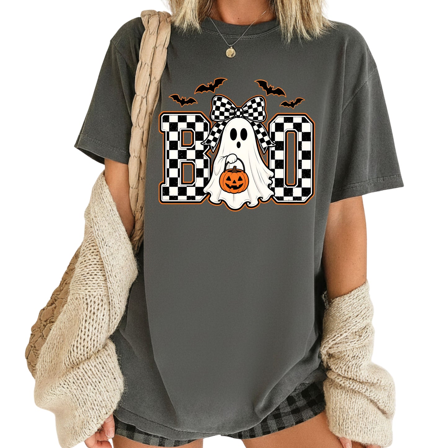 Boo Checkered Bow Ghost Halloween T-Shirt, Pumpkin Bucket Bats Retro Tee Sweatshirt