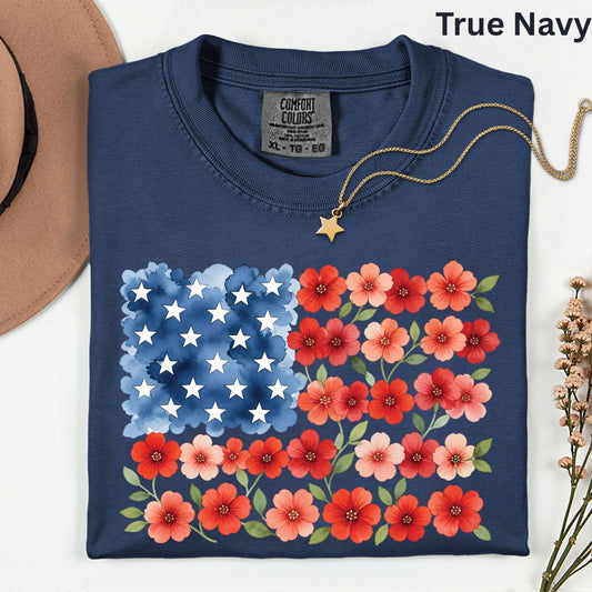 Floral American Flag Comfort Colors T Shirts Watercolor Patriotic Tee Cute Red White Blue Flower Shirt 4th of July Fourth of July Gifts