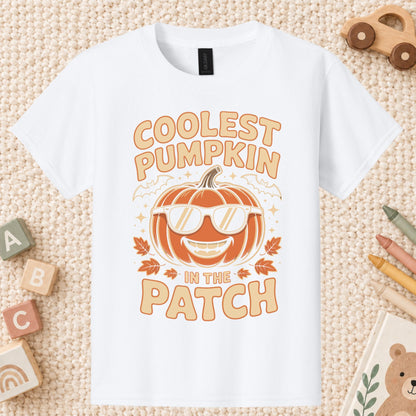 Coolest Pumpkin in the Patch T-Shirt, Retro Halloween Sunglasses Fall Season Tee for Toddler and Kids