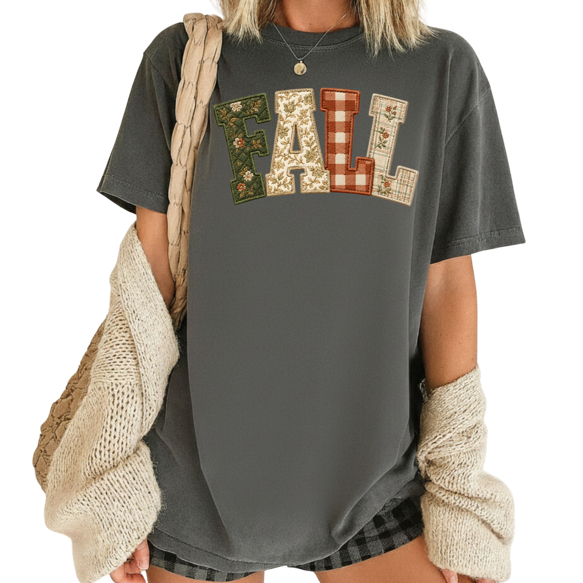 Fall Patchwork Chenille Letters T-Shirt, Quilted Plaid Autumn Thanksgiving Comfort Color Tee