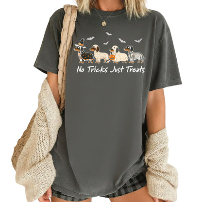 Dachshund Halloween Comfort Colors T Shirts No Tricks Just Treats Costume Tee Cute Ghost Mummy Witch Skeleton Dog Shirt Spooky Wiener Dog Hoodie