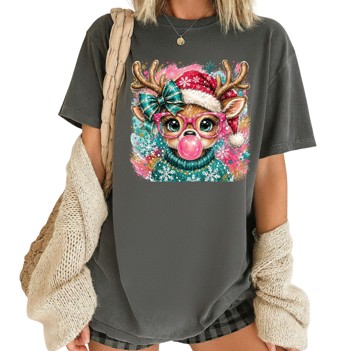 Christmas Reindeer Pink Glasses T-Shirt, Bubblegum Deer Santa Hat Cute Comfort Color Tee