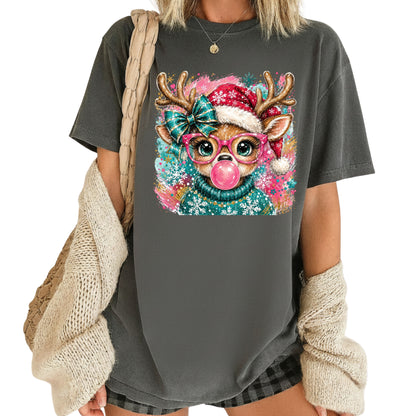 Christmas Reindeer Pink Glasses T-Shirt, Bubblegum Deer Santa Hat Cute Comfort Color Tee
