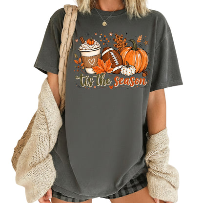 Tis the Season Football Fall T-Shirt, Pumpkin Spice Coffee Thanksgiving Tee