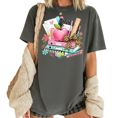 Pink Apple School Supplies T-Shirt, Books Leopard Bow Back to School Teacher Tee