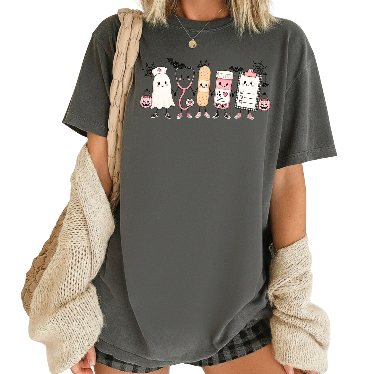 Pink Spooky Nurse Squad Halloween T-Shirt, Ghost Stethoscope Medical Bandage Tee