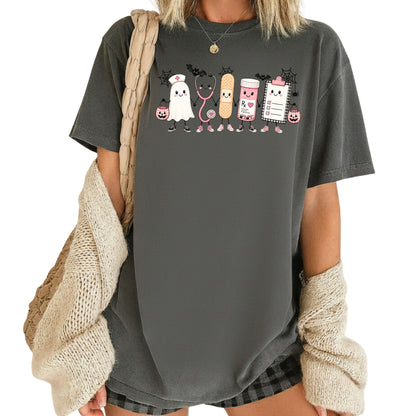 Pink Spooky Nurse Squad Halloween T-Shirt, Ghost Stethoscope Medical Bandage Tee