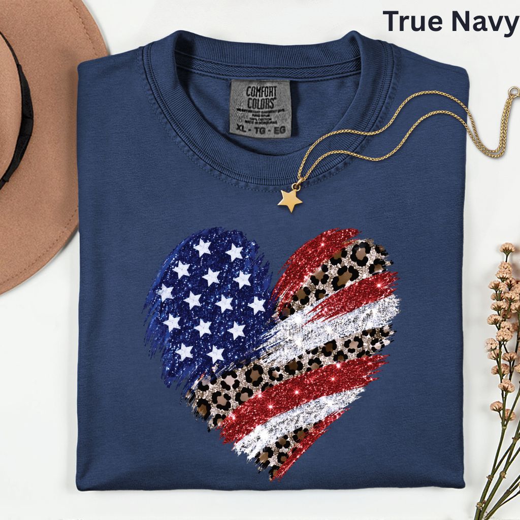 Leopard American Flag Heart Comfort Colors T Shirts Glitter Patriotic Tee Red White Blue 4th of July Shirt Women Fourth of July Gifts