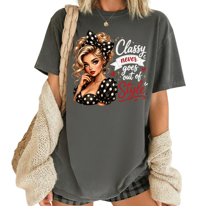 Classy Never Goes Out of Style Pinup Girl T-Shirt, Vintage Polka Dot Bow Tee Sweatshirt