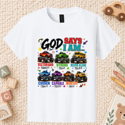 God Says I Am Monster Trucks Christian T-Shirt, Bible Verse Kids Religious Graphic Tee
