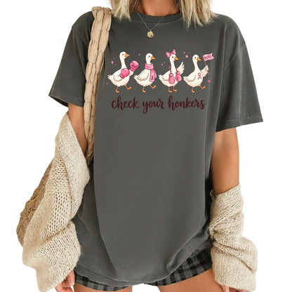 Check Your Honkers Ducks Breast Cancer Awareness T-Shirt, Pink Ribbon Boxing Gloves Geese Tee