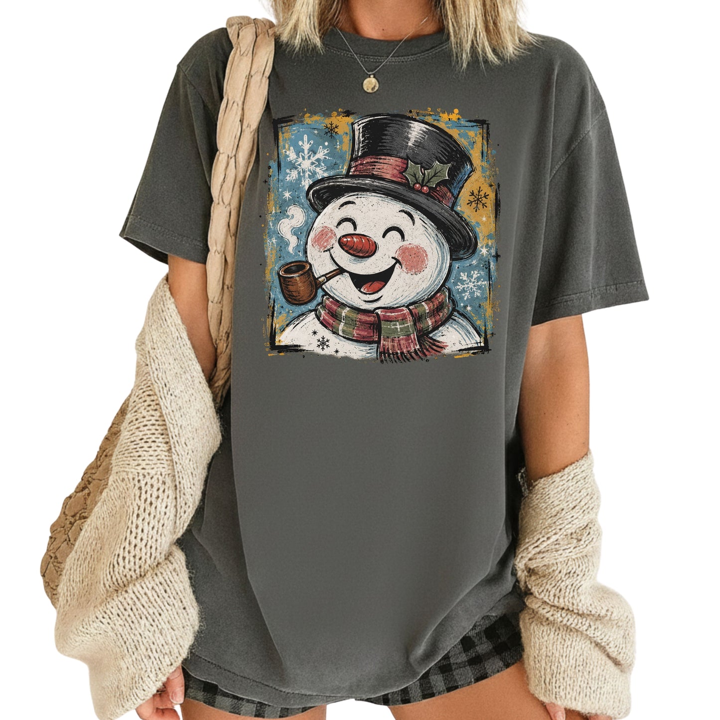 Vintage Snowman Christmas T-Shirt, Top Hat Pipe Snowflakes Scarf Comfort Color Tee