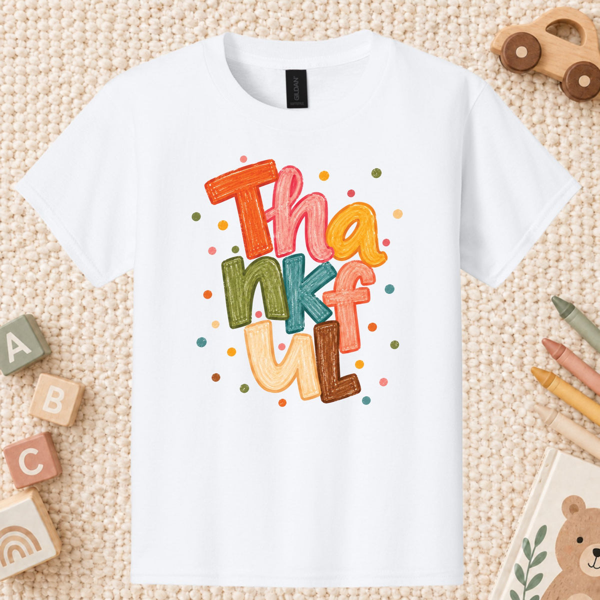 Thankful T-Shirt, Colorful Crayon Lettering Thanksgiving Tee, Fall Holiday Sweatshirt