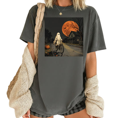 Ghost Riding Bike Halloween T-Shirt, Haunted House Orange Harvest Moon Tee Sweatshirt