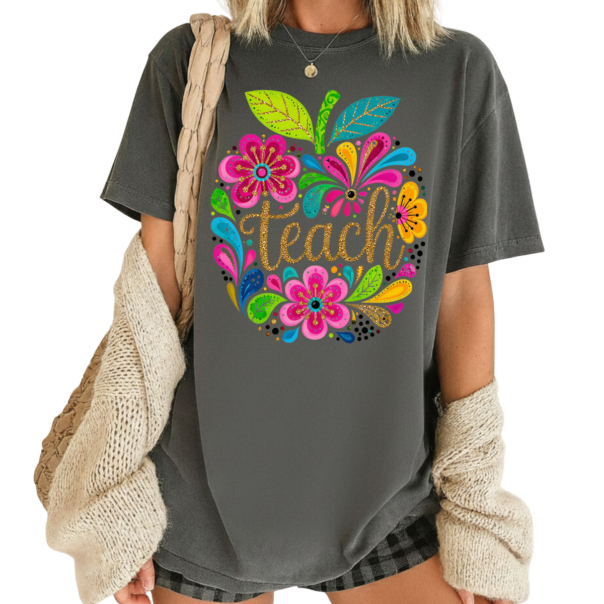 Teacher Teach Floral Apple T-Shirt, Colorful Back to School Teacher Life Tee