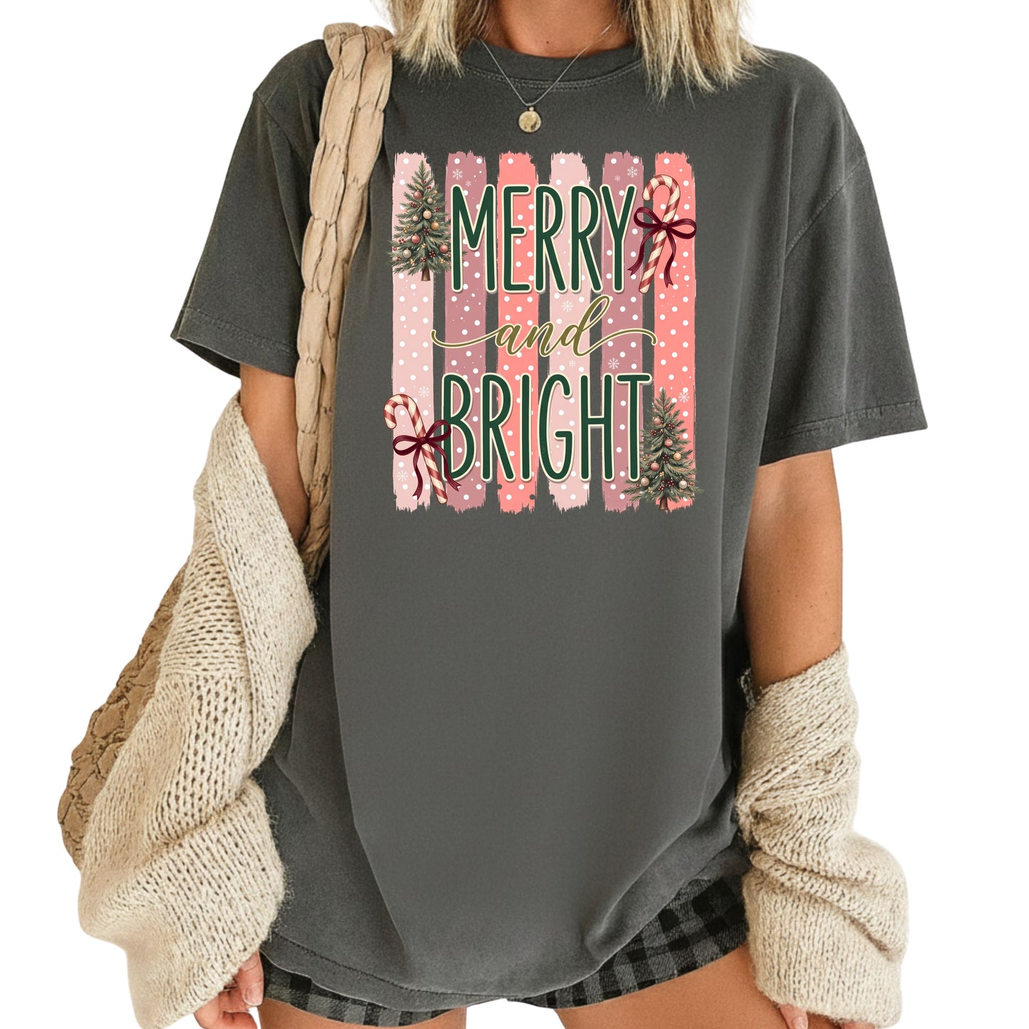 Merry and Bright Comfort Colors T Shirts Cute Christmas Tree Tees Pink Candy Cane Shirt Festive Holiday Winter Graphic Hoodie
