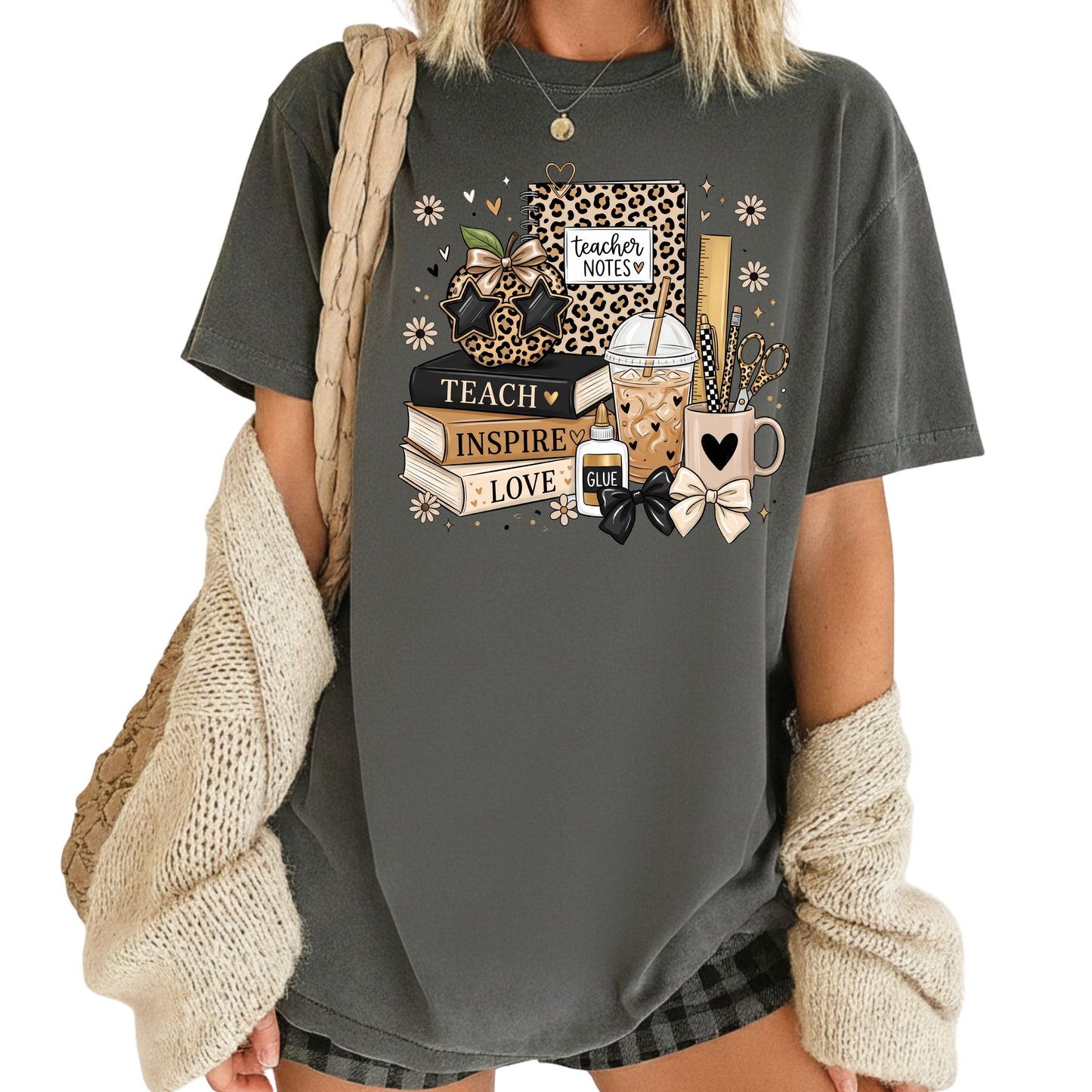 Teach Inspire Love Leopard Teacher T-Shirt, Notebook Coffee Iced Drink Comfort Color Tee
