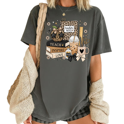 Teach Inspire Love Leopard Teacher T-Shirt, Notebook Coffee Iced Drink Comfort Color Tee