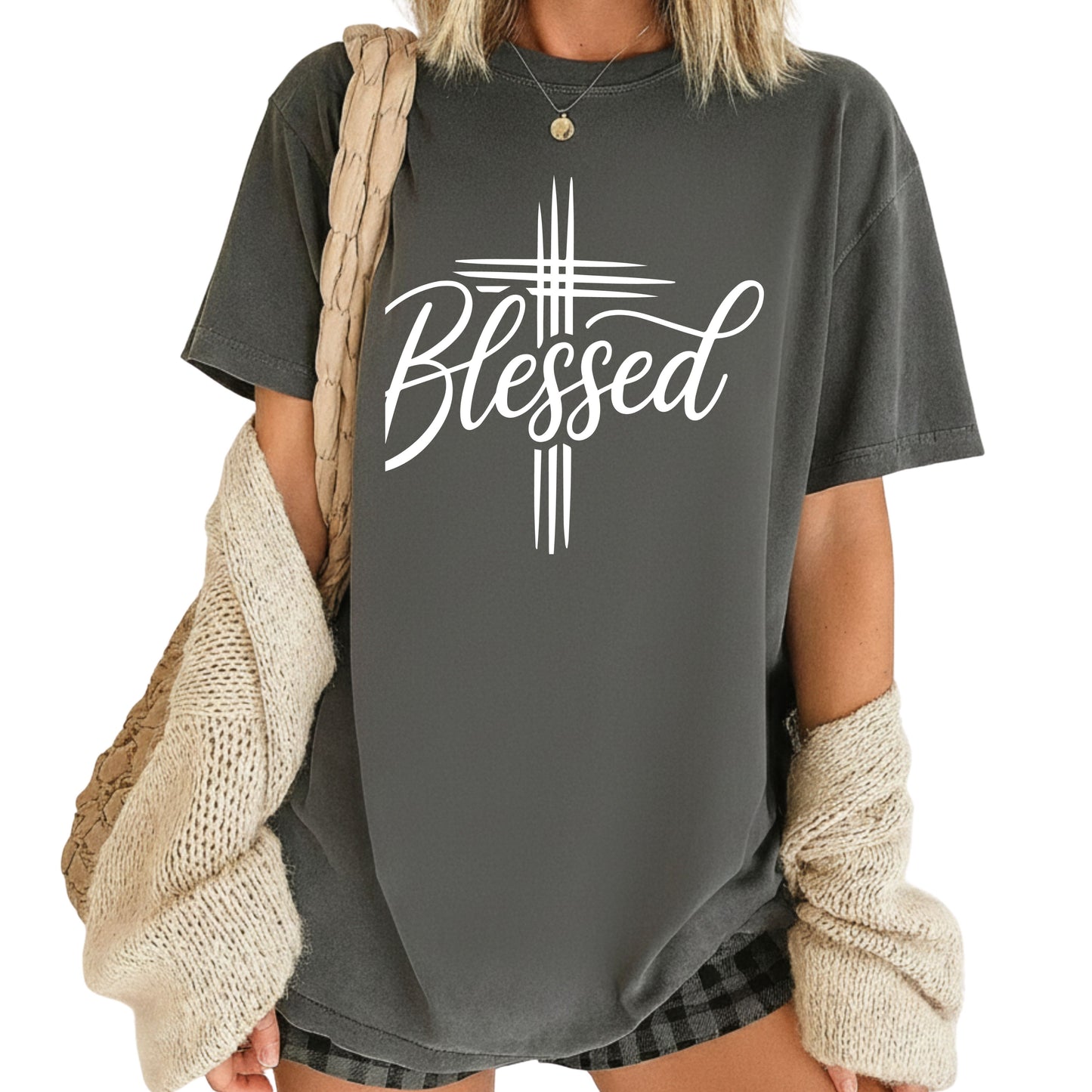 Blessed Cross Christian T-Shirt, Script Cursive Faith Minimalist Religious Tee Sweatshirt