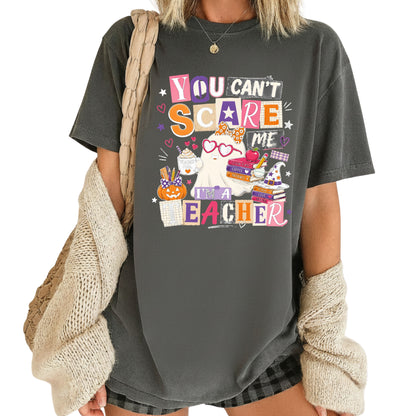 You Can't Scare Me Teacher Halloween T-Shirt, Ghost Books Coffee Comfort Color Tee