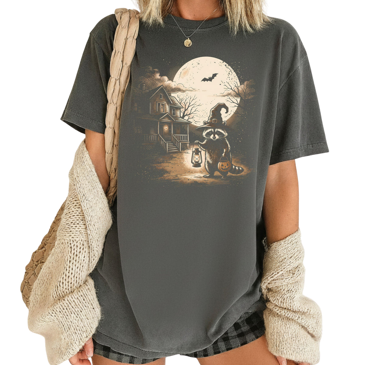 Vintage Halloween Mouse Witch T-Shirt, Full Moon Pumpkin House Sepia Trick or Treat Spooky Fall Tee