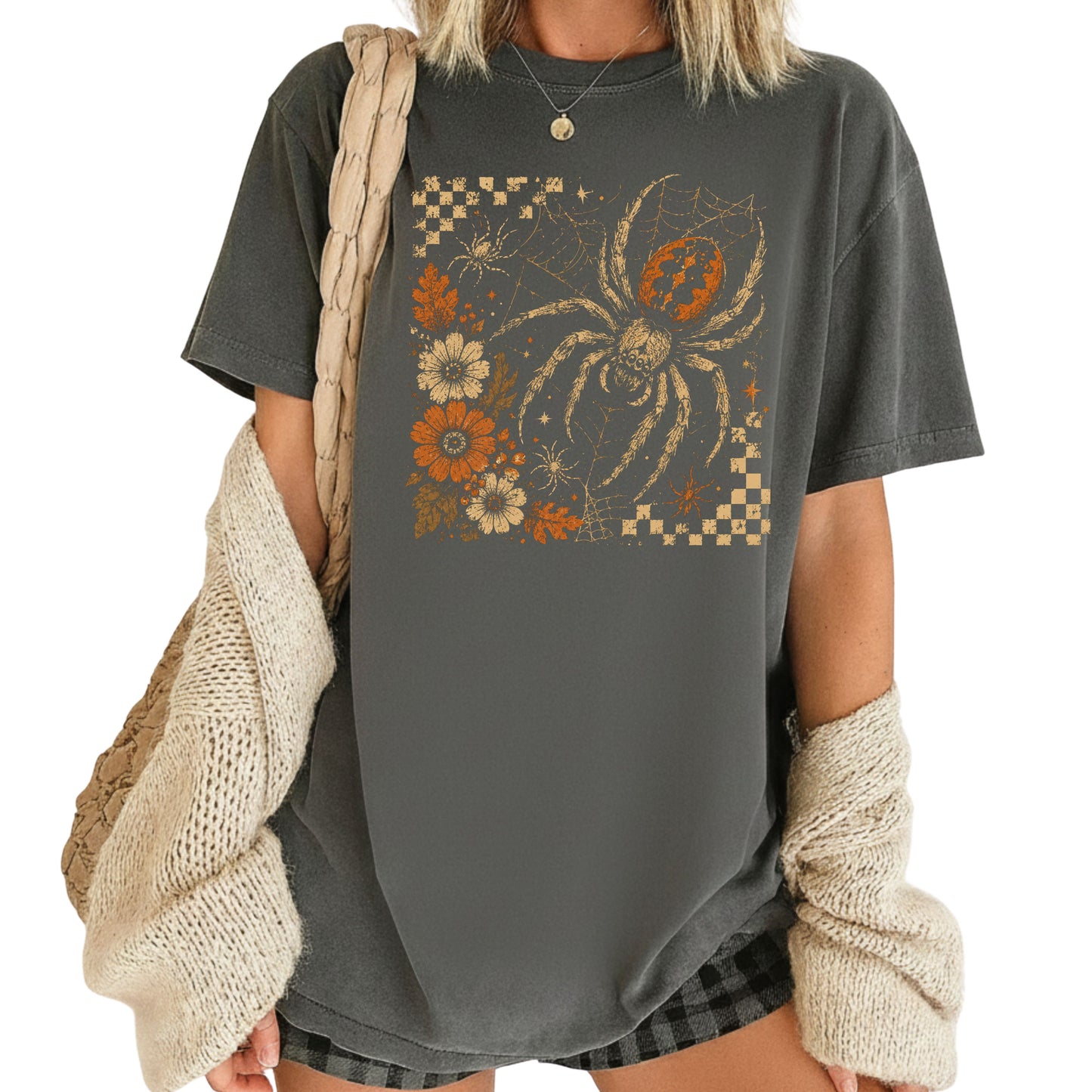Vintage Fall Halloween Spider T-Shirt, Floral Spiderweb Checkered Spooky Season Tee