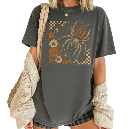 Vintage Fall Halloween Spider T-Shirt, Floral Spiderweb Checkered Spooky Season Tee