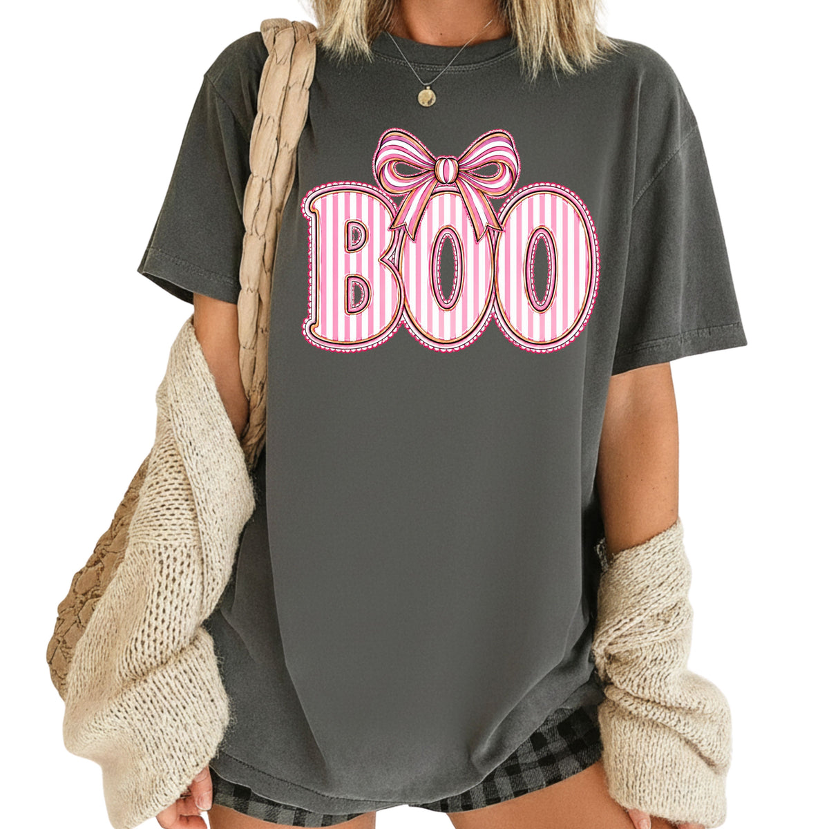 Boo Coquette Pink Bow Halloween T-Shirt, Striped Ribbon Cute Spooky Season Tee