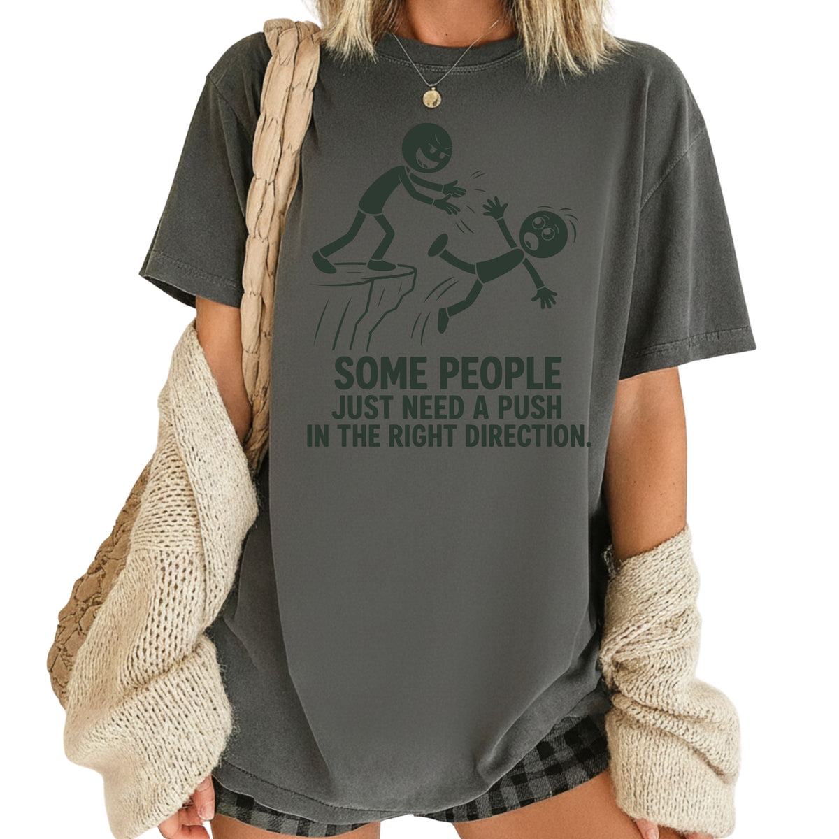 Some People Need a Push Sarcastic Humor T-Shirt, Stick Figure Cliff Tee