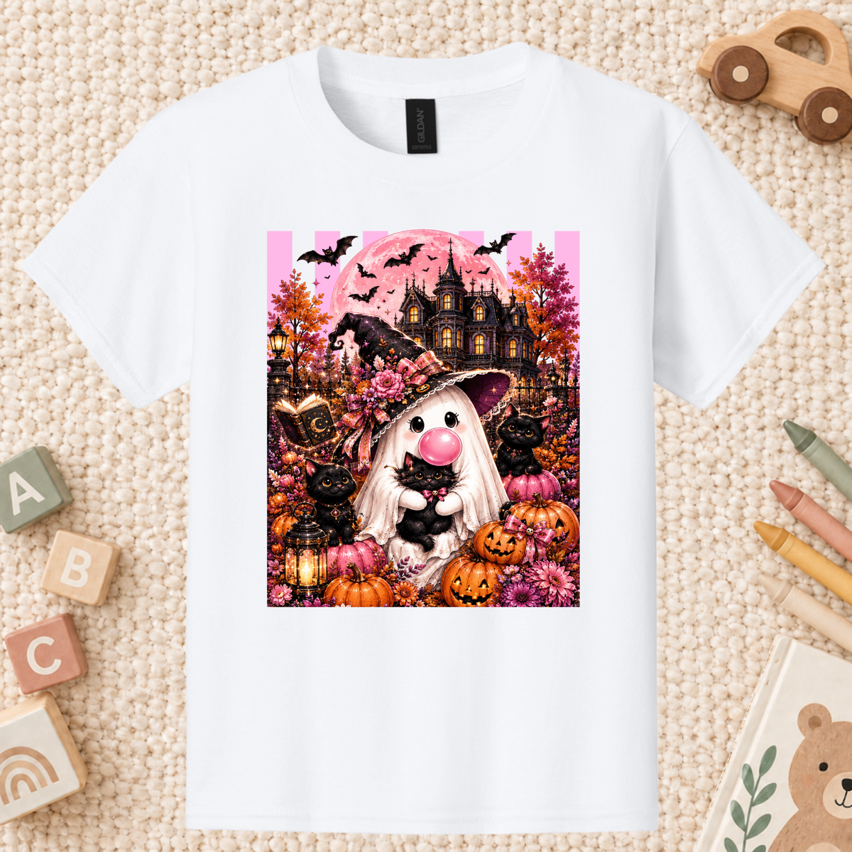 Pink Ghost Halloween T-Shirt, Witch Ghost Bubble Gum Black Cat Spooky Cute Tee for Toddler and Kids