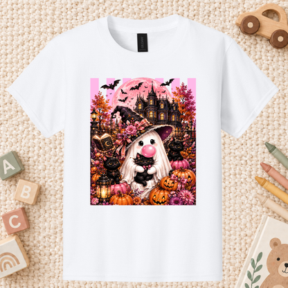 Pink Ghost Halloween T-Shirt, Witch Ghost Bubble Gum Black Cat Spooky Cute Tee for Toddler and Kids