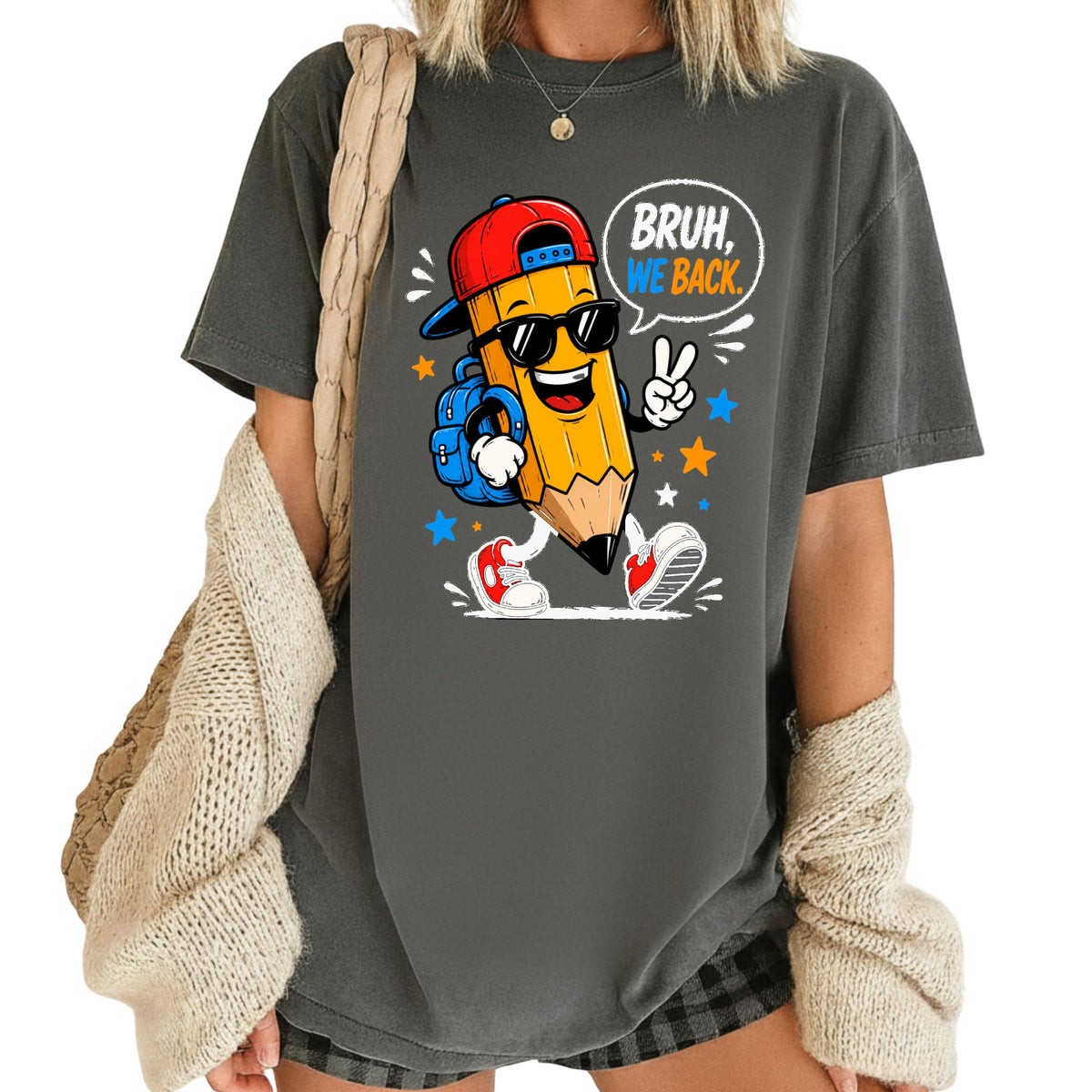 Bruh We Back Pencil T-Shirt, Cool Pencil Sunglasses Backpack Back to School Comfort Color Tee