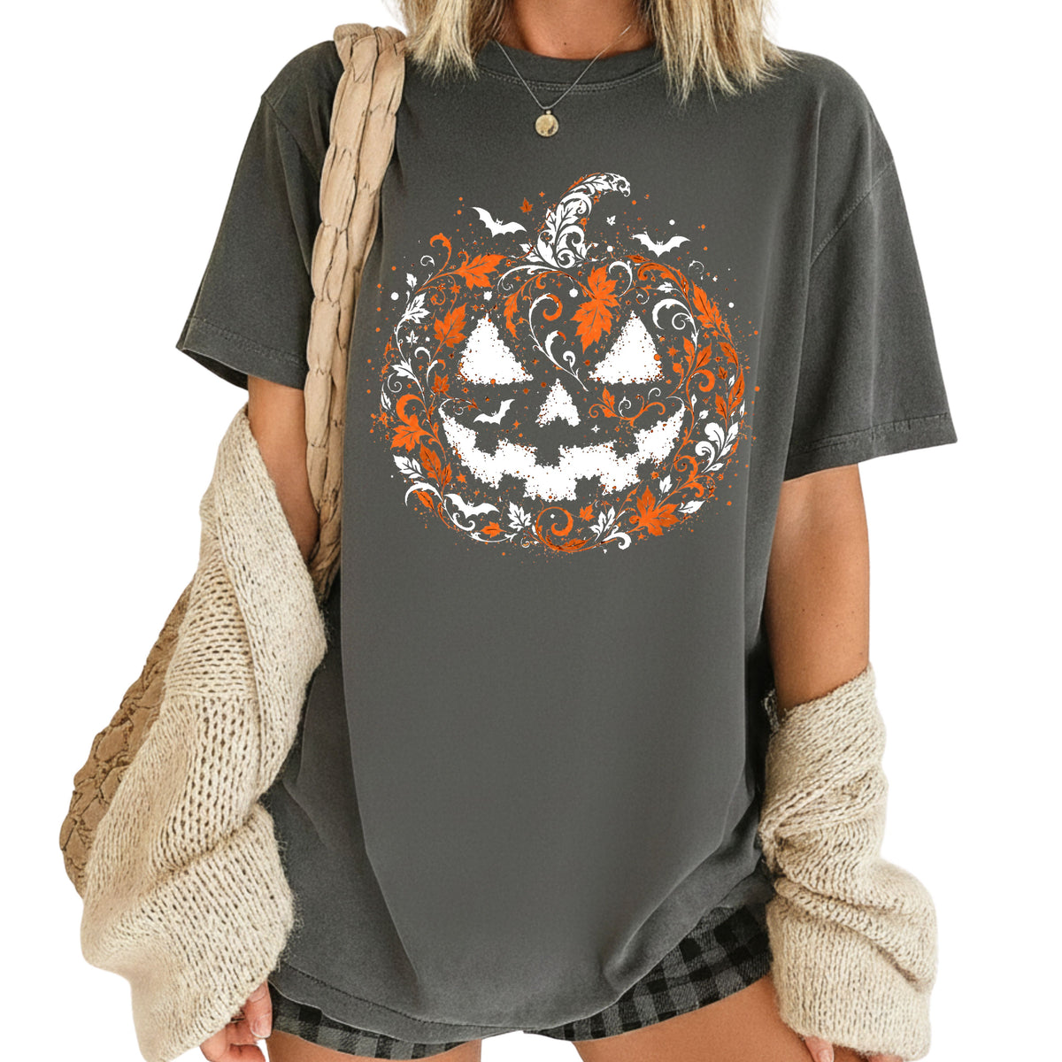 Halloween Pumpkin Face Floral Swirl Gothic T-Shirt, Intricate Spooky Pumpkin Tee