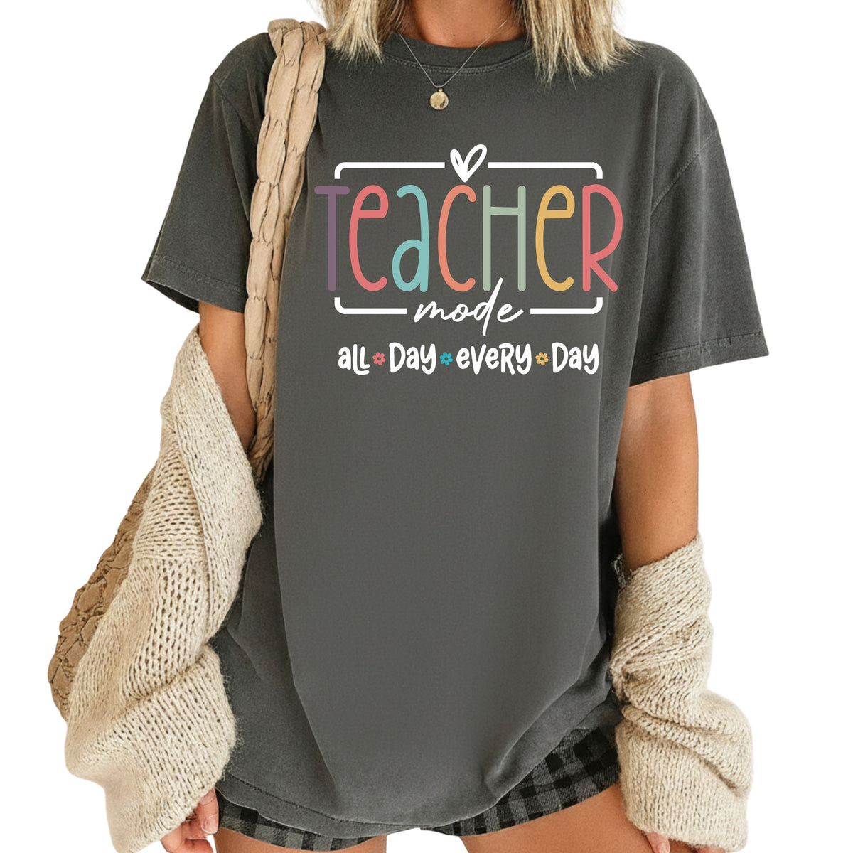 Teacher Mode All Day T-Shirt, Pastel Rainbow School Education Teacher Tee Sweatshirt