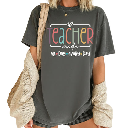 Teacher Mode All Day T-Shirt, Pastel Rainbow School Education Teacher Tee Sweatshirt