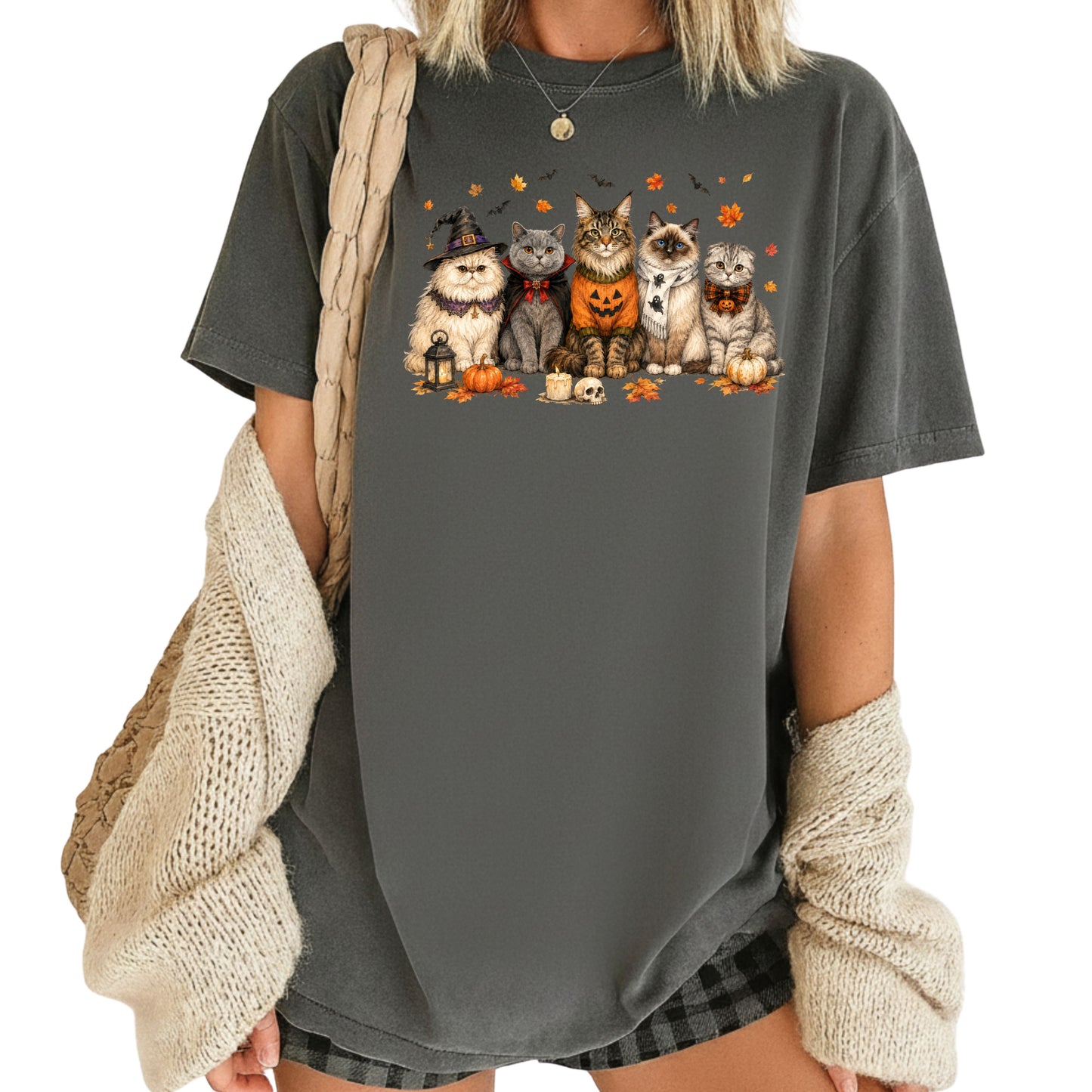 Halloween Cats Comfort Colors T Shirts Cute Witchy Kitty Sweater Tee Spooky Pumpkin Vampire Cat Shirt Autumn Fall Leaves Graphic Gifts