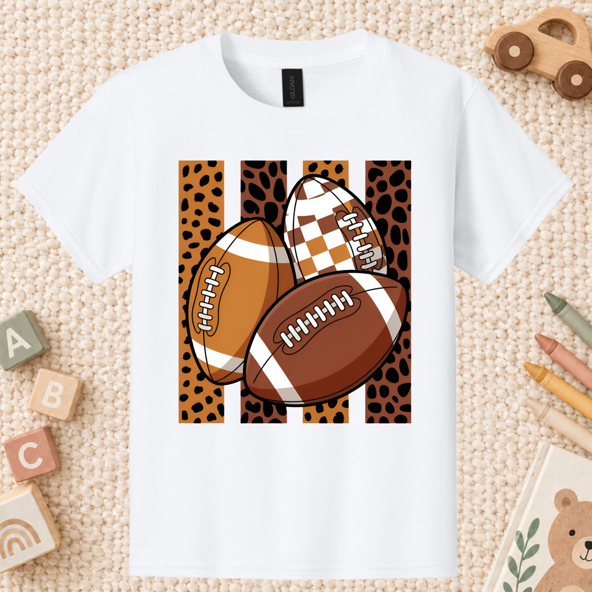 Leopard Football Game Day T-Shirt, Brown Checkered Football Season Tee for Youth