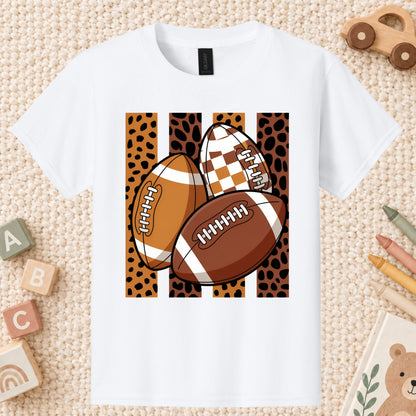 Leopard Football Game Day T-Shirt, Brown Checkered Football Season Tee for Youth