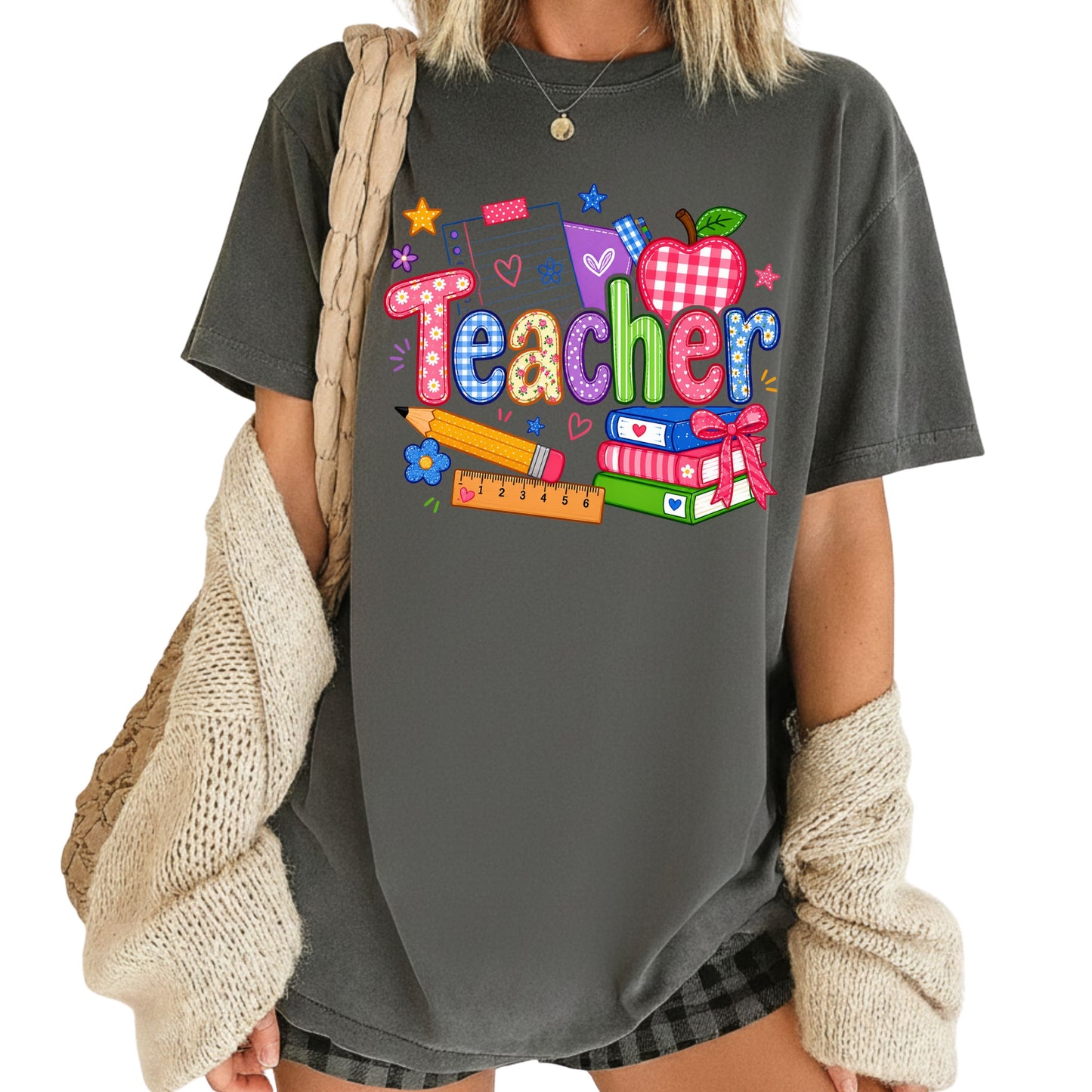 Teacher Apple Books Pencil T-Shirt, Colorful School Supplies Back to School Comfort Color Tee