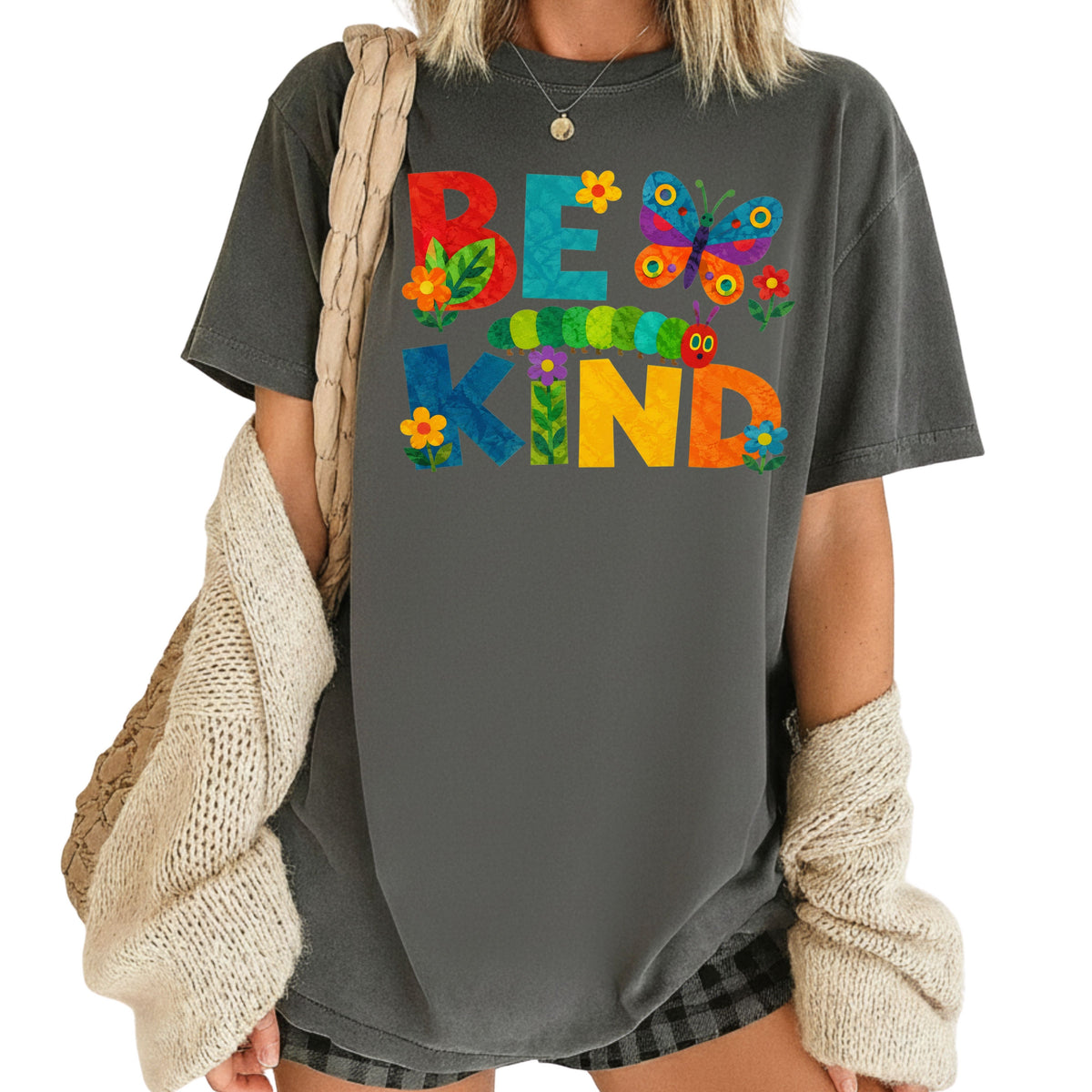 Be Kind Caterpillar Butterfly T-Shirt, Colorful Flowers Storybook Teacher Comfort Color Tee