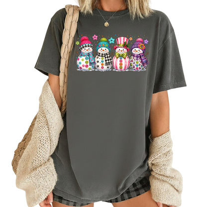Christmas Colorful Snowmen T-Shirt, Cute Winter Snowman Beanies Scarves Holiday Tee