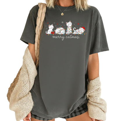 Merry Catmas Black Cats Christmas T-Shirt, Christmas Lights Black Kittens Cat Lover Tee