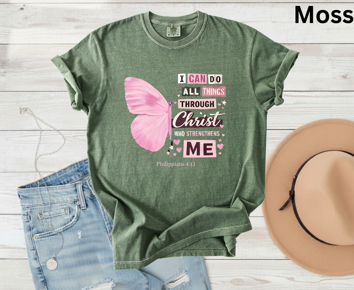 Philippians 4:13 T Shirt Pink Butterfly Tee I Can Do All Things Through Christ Shirt Religious Faith Gift Adult Youth Toddler Baby Church Outfit