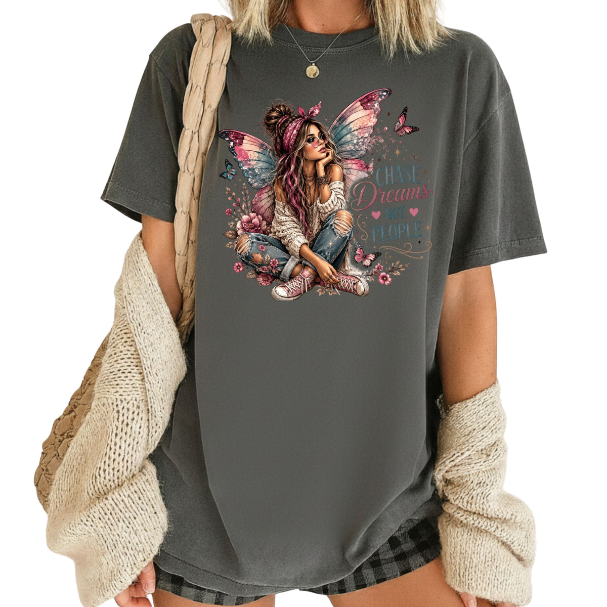 Chase Dreams Not People Fairy Girl T-Shirt, Boho Butterfly Wings Inspirational Tee