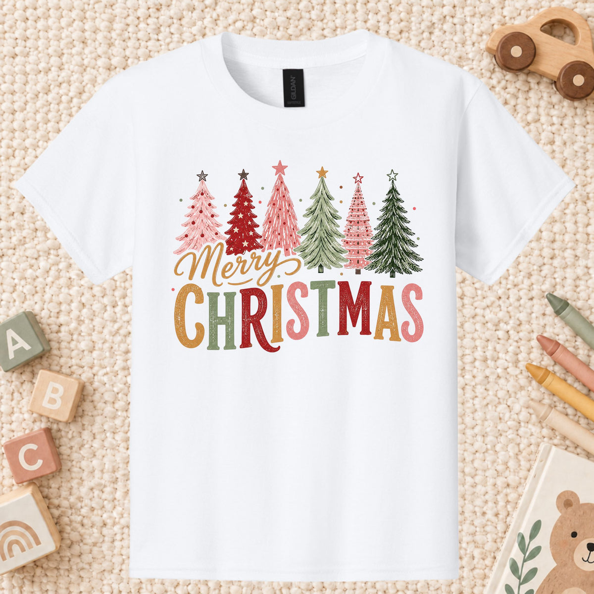 Colorful Christmas Tree T-Shirt, Gold Script Holiday Tee, Festive Christmas Sweatshirt