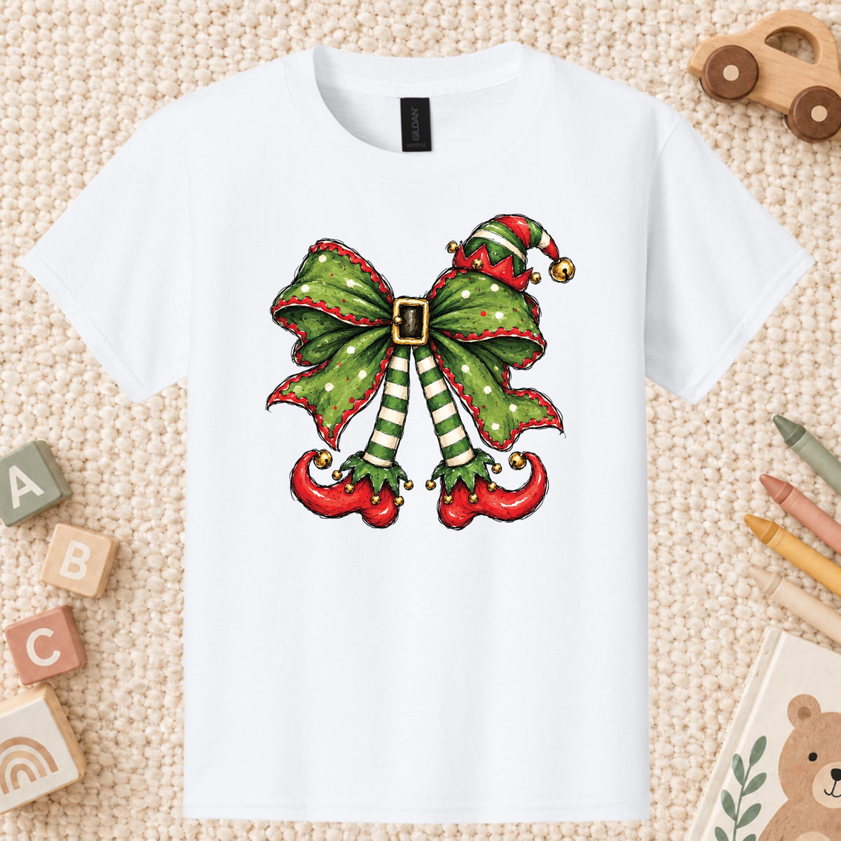 Christmas Elf T-Shirt, Green Bow Striped Legs Tee, Cute Holiday Sweatshirt