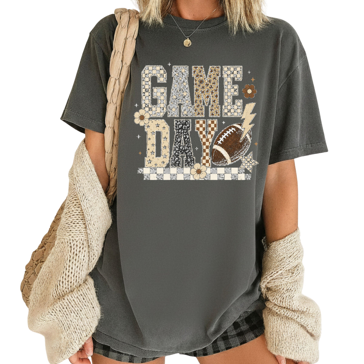 Game Day Leopard Football T-Shirt, Checkered Lightning Bolt Retro Western Tee Sweatshirt