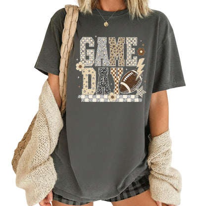 Game Day Leopard Football T-Shirt, Checkered Lightning Bolt Retro Western Tee Sweatshirt