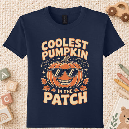 Coolest Pumpkin in the Patch T-Shirt, Retro Halloween Sunglasses Fall Season Tee for Toddler and Kids