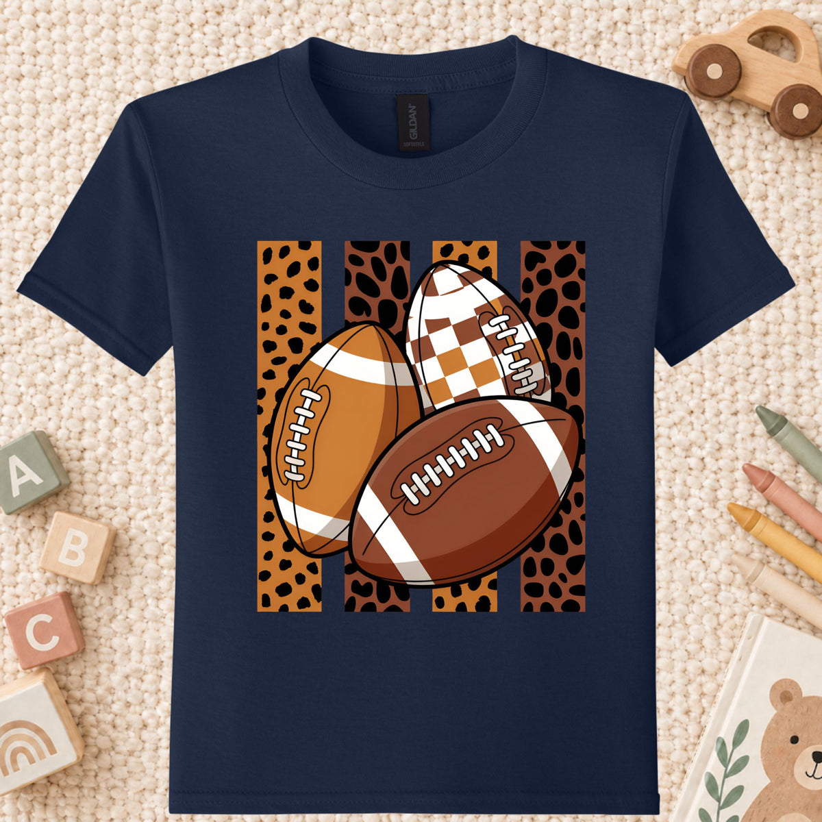 Leopard Football Game Day T-Shirt, Brown Checkered Football Season Tee for Youth